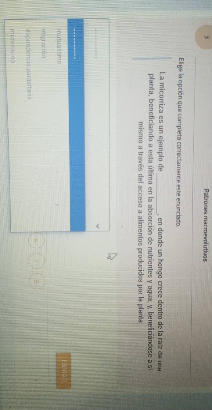 Patrones macroevolutivos
Elige la opción que completa correctamente este enunciado.
La micorriza es un ejemplo de _, en donde un hongo crece dentro de la raíz de una
planta, beneficiando a esta última en la absorción de nutrientes y agua; y, beneficiándose a sí
mismo a través del acceso a alimentos producidos por la planta.
ENVIAR
mutualismo
migración
6 7 8
dependencia parasitaria
mimetismo