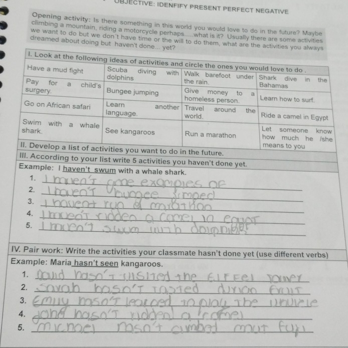 UBJECTIVE: IDENFIFY PRESENT PERFECT NEGATIVE 
Opening activity: Is there something in this world you would love to do in the future? Maybe 
climbing a mountain, riding a motorcycle perhaps.....what is it? Usually there a 
we want to do but we don't have time 
dream 
IV 
E 
_ 
_