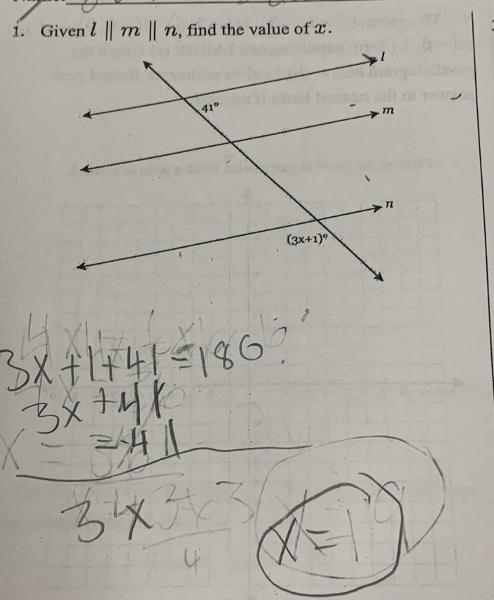 Given l||m||n , find the value of x .