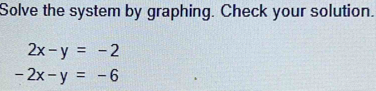 Solve the system by graphing. Check your solution.
2x-y=-2
-2x-y=-6