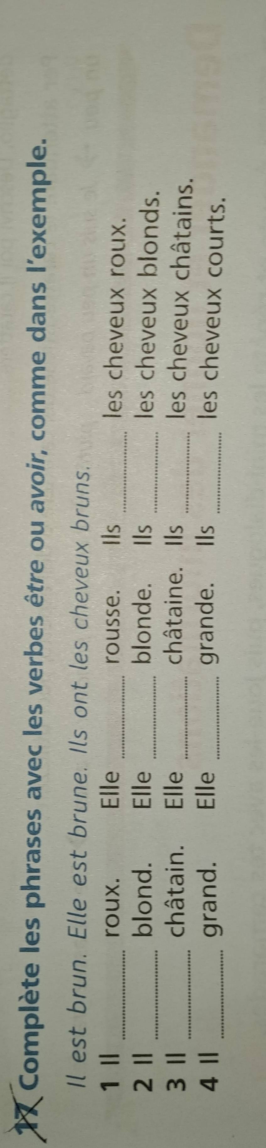 Complète les phrases avec les verbes être ou avoir, comme dans l'exemple. 
Il est brun. Elle est brune. Ils ont les cheveux bruns. 
1 Ⅱ _roux. Elle _rousse. Ils _les cheveux roux. 
2Ⅱ _blond. Elle _blonde. Ils _les cheveux blonds. 
3 Ⅱ _châtain. Elle _châtaine. Ils _les cheveux châtains. 
4 Ⅱ _grand. Elle _grande. Ils _les cheveux courts.