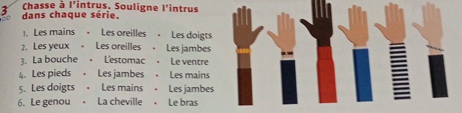 Chasse à l'intrus, Souligne l'intrus 
dans chaque série. 
1. Les mains • Les oreilles . Les doigts 
2. Les yeux • Les oreilles - Les jambes 
3. La bouche L'estomac Le ventre 
4. Les pieds . Les jambes . Les mains 
5. Les doigts • Les mains • Les jambes 
≡ 
6. Le genou . La cheville . Le bras