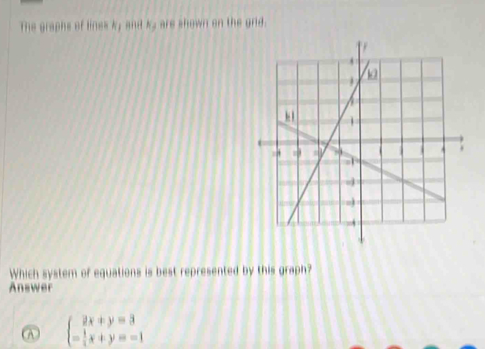 The graphs of lines k, and k. are shown on the grld.
Which system of equations is best represented by this graph?
Answer
A beginarrayl 2x+y=3 - 1/2 x+y=-1endarray.