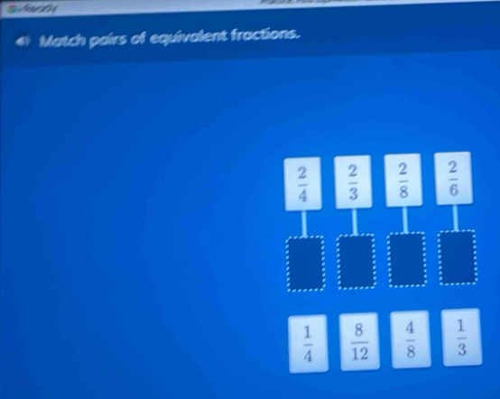 Match pairs of equivalent fractions.
 2/4   2/3   2/8   2/6 
 1/4   8/12   4/8   1/3 