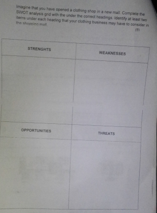 limagine that you have opened a clothing shop in a new mall. Complete the 
SWOT analysis grid with the under the correct headings. Identify at least two 
items under each heading that your clothing business may have to consider in 
the shopping mall. (8)