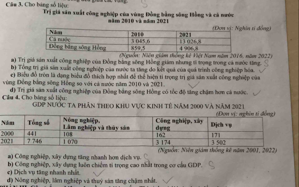 các vùng.
Câu 3. Cho bảng số liệu:
Trị giá săn xuất công nghiệp của vùng Đồng bằng sông Hồng và cả nước
năm 2010 và năm 2021
n ti đồng)
(Nguồn: Niên giám thổng kê Việt Nam năm 2016, năm 2022)
a) Trị giá sản xuất công nghiệp của Đồng bằng sông Hồng giảm nhưng tỉ trọng trong cả nước tăng.
b) Tổng trị giá sản xuất công nghiệp của nước ta tăng do kết quả của quá trình công nghiệp hóa.
c) Biểu đồ tròn là dạng biểu đồ thích hợp nhất để thể hiện tỉ trọng trị giá sản xuất công nghiệp của
vùng Đồng bằng sông Hồng so với cả nước năm 2010 và 2021.
d) Trị giá sản xuất công nghiệp của Đồng bằng sông Hồng có tốc độ tăng chậm hơn cả nước.
Câu 4. Cho bảng số liệu:
GDP NƯỚC TA PHÂN THEO KHU VựC KINH TÊ Năm 2000 và năm 2021
2
2
(Nguồn: Niên giám thống kê năm 2001, 2022)
a) Công nghiệp, xây dựng tăng nhanh hơn dịch vụ.
b) Công nghiệp, xây dựng luôn chiếm tỉ trọng cao nhất trong cơ cấu GDP.
c) Dịch vụ tăng nhanh nhất.
d) Nông nghiệp, lâm nghiệp và thuỷ sản tăng chậm nhất.