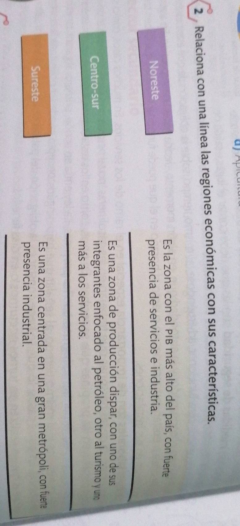 Relaciona con una línea las regiones económicas con sus características.
Es la zona con el PIB más alto del país, con fuerte
Noreste
presencia de servicios e industria.
Es una zona de producción dispar, con uno de sus
Centro-sur integrantes enfocado al petróleo, otro al turismo y uno
más a los servicios.
Sureste
Es una zona centrada en una gran metrópoli, con fuerte
presencia industrial.