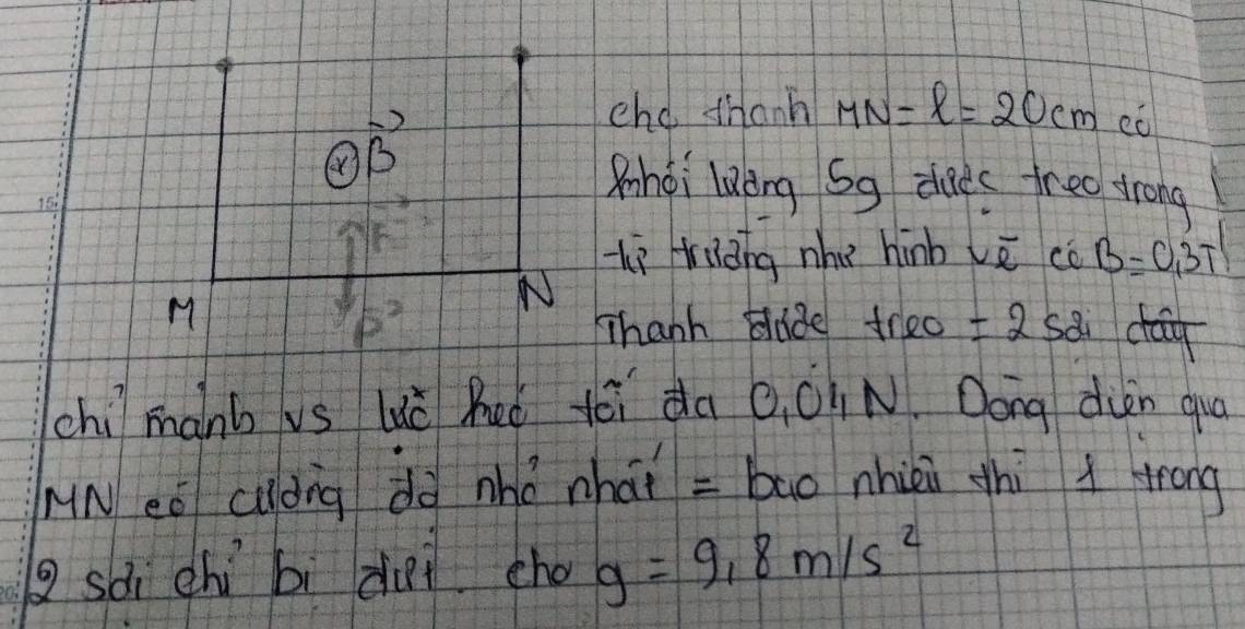 ( vector B 
ehd thanh MN=l=20cm
Zhdi long S9 dlaes treo trong 
li riāng nhè hinb vē co B=0, 3T
M
N 
5 
Whanh dlade treo =252i day 
chiì mànb vs luǔ heǒ tói da 0, 0lN. Dong dièn qua 
AN eǒ cudng dà nhǒ nhái = bāo nhièi thi 1 trong 
g sài chì bì diei cho g=9.8m/s^2