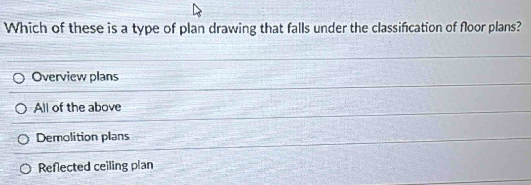 Which of these is a type of plan drawing that falls under the classification of floor plans?
Overview plans
All of the above
Demolition plans
Reflected ceiling plan