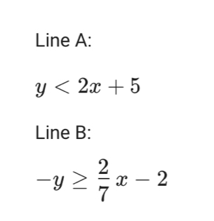 Line A:
y<2x+5
Line B:
-y≥  2/7 x-2