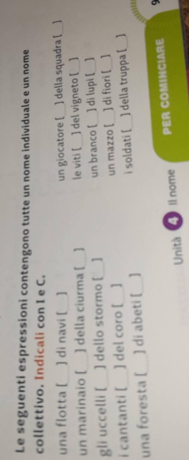 Le seguenti espressioni contengono tutte un nome individuale e un nome 
collettivo. Indicali con I e C. 
una flotta [_ ] di navi [ _1 un giocatore [_ ) della squadra [_  
un marinaio [ ] della ciurma [_ le viti [_ ) del vigneto [_ 
gli uccelli [ ] dello stormo [ 1 un branco [_ ] di lupi [_ ] 
i cantanti [ _] del coro [ ] _un mazzo [_ ] di fiori [_ ] 
i soldati [ 
una foresta [_ ] di abeti [_ 1 _) della truppa (_ ]
101
Unità 4 Il nome PER COMINCIARE 9