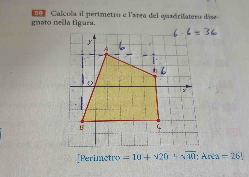 Calcola il perimetro e l’area del quadrilatero dise- 
gnato nella figura.
[Perimetro =10+sqrt(20)+sqrt(40); Area =26]