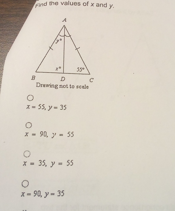 Find the values of x and y.
x=55,y=35
x=90,y=55
x=35,y=55
x=90,y=35