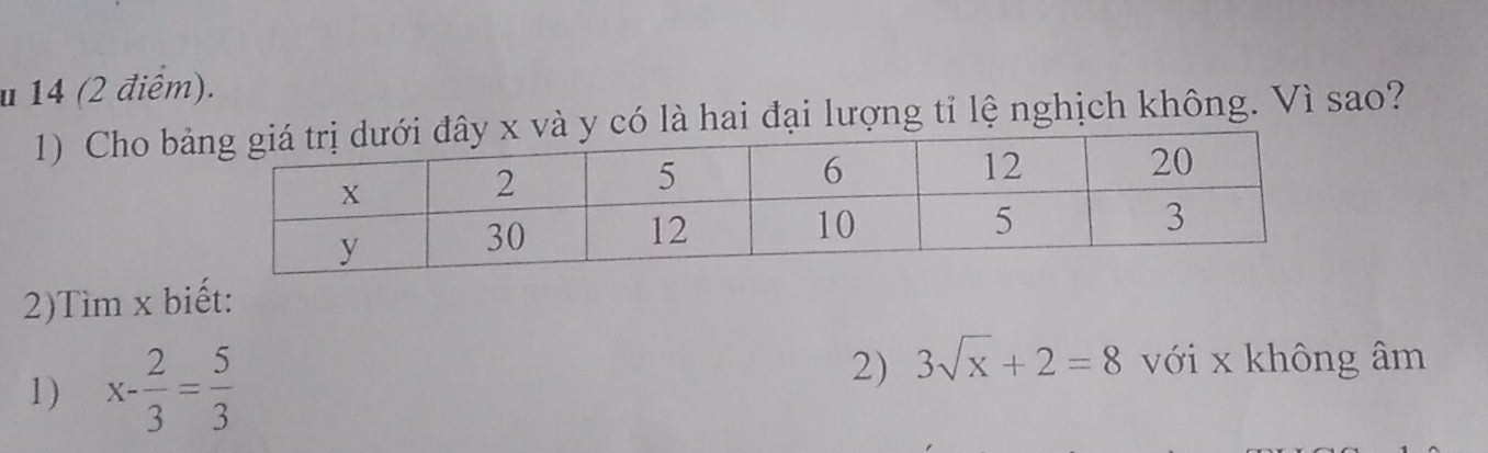 14 (2 điểm). 
1) Cho bcó là hai đại lượng tỉ lệ nghịch không. Vì sao? 
2)Tìm x biết: 
1) x- 2/3 = 5/3 
2) 3sqrt(x)+2=8 với x không âm