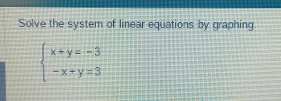 Solve the system of linear equations by graphing.
beginarrayl x+y=-3 -x+y=3endarray.