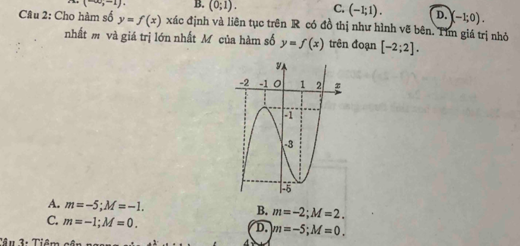 (-∈fty ,-1).
B. (0;1). C. (-1;1).
D. (-1;0). 
Câu 2: Cho hàm số y=f(x) xác định và liên tục trên R có đồ thị như hình vẽ bên. Tìm giá trị nhỏ
nhất m và giá trị lớn nhất Mô của hàm số y=f(x) trên đoạn [-2;2].
A. m=-5; M=-1.
B. m=-2; M=2.
C. m=-1; M=0.
D. m=-5; M=0. 
Tâu 3: Tiêm cân