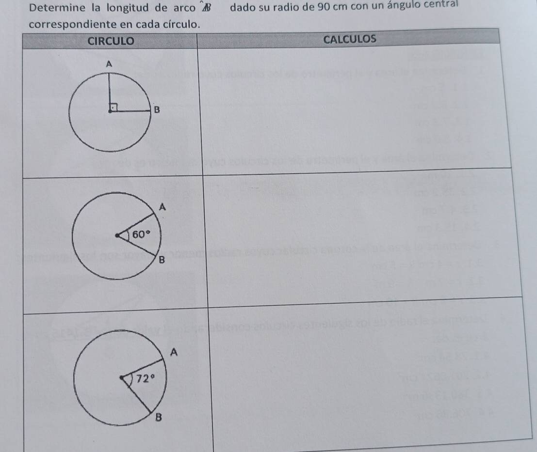 Determine la longitud de arco  dado su radio de 90 cm con un ángulo central