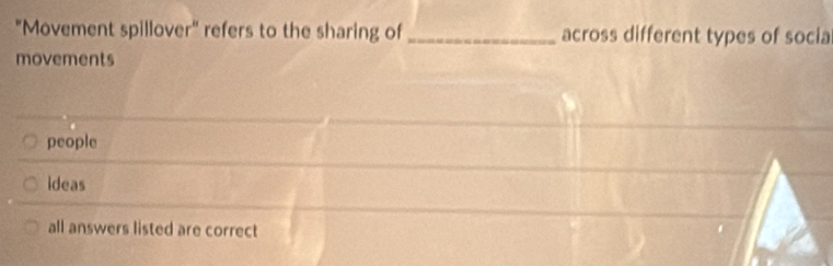 "Movement spillover" refers to the sharing of _across different types of socia
movements
people
ideas
all answers listed are correct