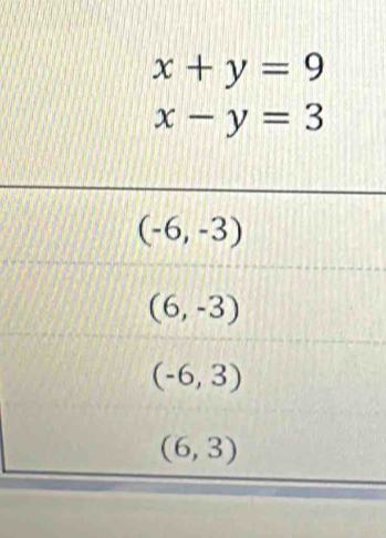 x+y=9
x-y=3
(-6,-3)
(6,-3)
(-6,3)
(6,3)