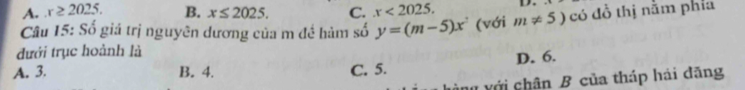 A. x≥ 2025. B. x≤ 2025. C. x<2025</tex>. 
D.
Câu 15: Số giá trị nguyên dương của m đề hàm số y=(m-5)x^2 (với m!= 5) có đồ thị nằm phía
đưới trục hoành là
A. 3. B. 4. C. 5. D. 6.
v với chân B của tháp hải đãng