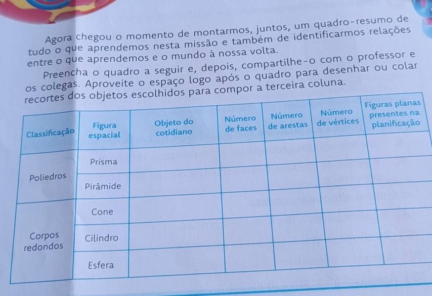 Agora chegou o momento de montarmos, juntos, um quadro-resumo de 
tudo o que aprendemos nesta missão e também de identificarmos relações 
entre o que aprendemos e o mundo à nossa volta. 
Preencha o quadro a seguir e, depois, compartilhe-o com o professor e 
egas. Aproveite o espaço logo após o quadro para desenhar ou colar 
eira coluna.