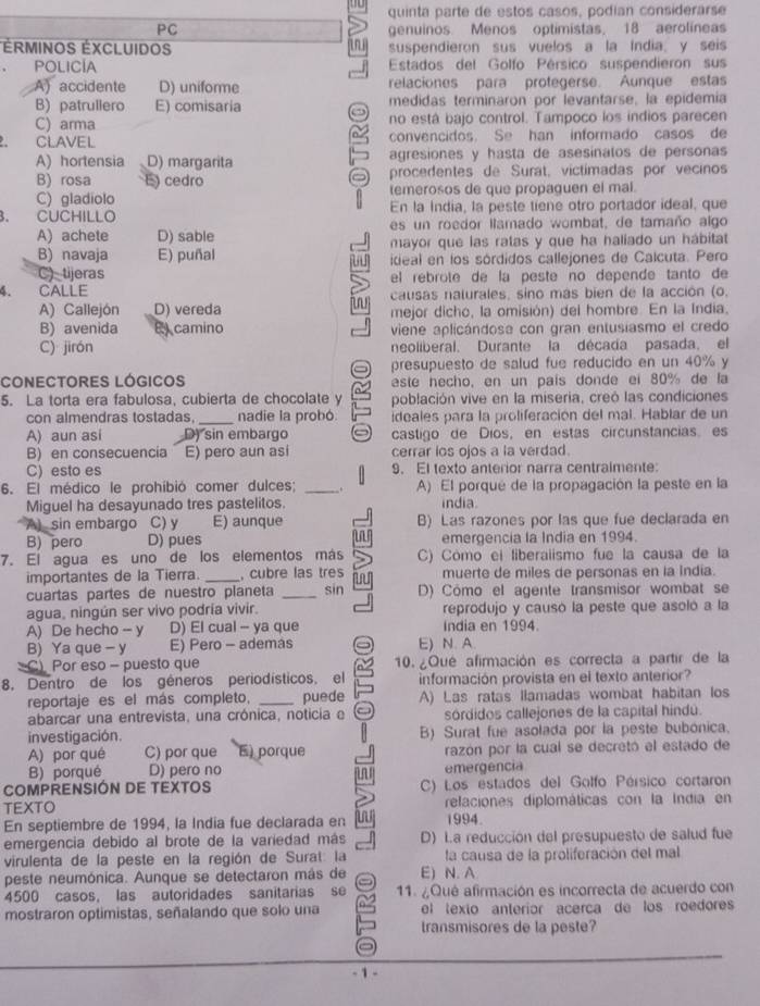 quinta parte de estos casos, podían considerarse
PC genuinos. Menos optimistas, 18 aerolíneas
t
Érminos Éxcluidos suspendieron sus vuelos a la India. y seis
. POLICIA  Estados del Golfo Pérsico suspendieron sus
A) accidente D) uniforme relaciones para protegerse. Aunque estas
B) patrullero E) comisaria medidas terminaron por levantarse, la epidemia
C) arma no está bajo control. Tampoco los indios parecen
CLAVEL convencidos. Se han informado casos de
A) hortensia D) margarita agresiones y hasta de asesinalos de personas
B) rosa E) cedro procedentes de Surat, victimadas por vecinos
C) gladiolo temerosos de que propaguen el mal.
CUCHILLO En la India, la peste tiene otro portador ideal, que
A) achete D) sable es un roedor llamado wombat, de tamaño algo
B) navaja E) puñal mayor que las ratas y que ha haliado un hábitat
S ideal en los sórdidos callejones de Calcuta. Pero
C) tijeras el rebrote de la peste no depende tanto de
CALLE causas naturales, sino más bien de la acción (o.
A) Callejón D) vereda mejor dicho, la omisión) del hombre. En la India,
B) avenida E camino viene aplicándosa con gran entusiasmo el credo
C) jirón neoliberal. Durante la década pasada, el
CONECTORES LÓGICOS presupuesto de salud fue reducido en un 40% y
este necho, en un país donde ei 80% de la
5. La torta era fabulosa, cubierta de chocolate y población vive en la miseria, creó las condiciones
con almendras tostadas, _nadie la probó. ideales para la proliferación del mal. Hablar de un
A) aun asi D) sin embargo castigo de Díos, en estas circunstanciases
B) en consecuencia E) pero aun asi cerrar los ojos a la verdad.
C) esto es 9. El texto anterior narra centralmente:
6. El médico le prohibió comer dulces; _A) El porqué de la propagación la peste en la
Miguel ha desayunado tres pastelitos. india
A sin embargo C) y E) aunque B) Las razones por las que fue declarada en
B) pero D) pues u emergencia la India en 1994
7. El agua es uno de los elementos más C) Cómo ei liberaiismo fue la causa de la
importantes de la Tierra. , cubre las tres muerte de miles de personas en la India.
cuartas partes de nuestro planeta _sin nan D) Cómo el agente transmisor wombat se
agua, ningún ser vivo podría vivir. reprodujo y causó la peste que asoló a la
A) De hecho - y D) El cual - ya que India en 1994.
B) Ya que - y E) Pero - ademas E) N. A.
C) Por eso - puesto que 10. ¿Qué afirmación es correcta a partir de la
8. Dentro de los géneros periodísticos, el información provista en el texto anterior?
reportaje es el más completo, _puede A) Las ratas llamadas wombat habitan los
abarcar una entrevista, una crónica, noticia e sórdidos callejones de la capital hindú.
investigación. B) Surat fue asolada por la peste bubónica.
A) por qué C) por que E) porque razón por la cual se decretó el estado de
B) porqué D) pero no emergencia
COMPRENSIÓN DE TEXTOS C) Los estados del Golfo Pérsico cortaron
TEXTO relaciones diplomáticas con la India en
En septiembre de 1994, la India fue declarada en 1994.
emergencia debido al brote de la variedad más D) La reducción del presupuesto de salud fue
virulenta de la peste en la región de Surat: la la causa de la proliferación del mal
peste neumónica. Aunque se detectaron más de E) N. A
4500 casos, las autoridades sanitarias   se 11. ¿Qué afirmación es incorrecta de acuerdo con
mostraron optimistas, señalando que solo una el texio anterior acerca de los roedores
transmisores de la peste?
- 1 -