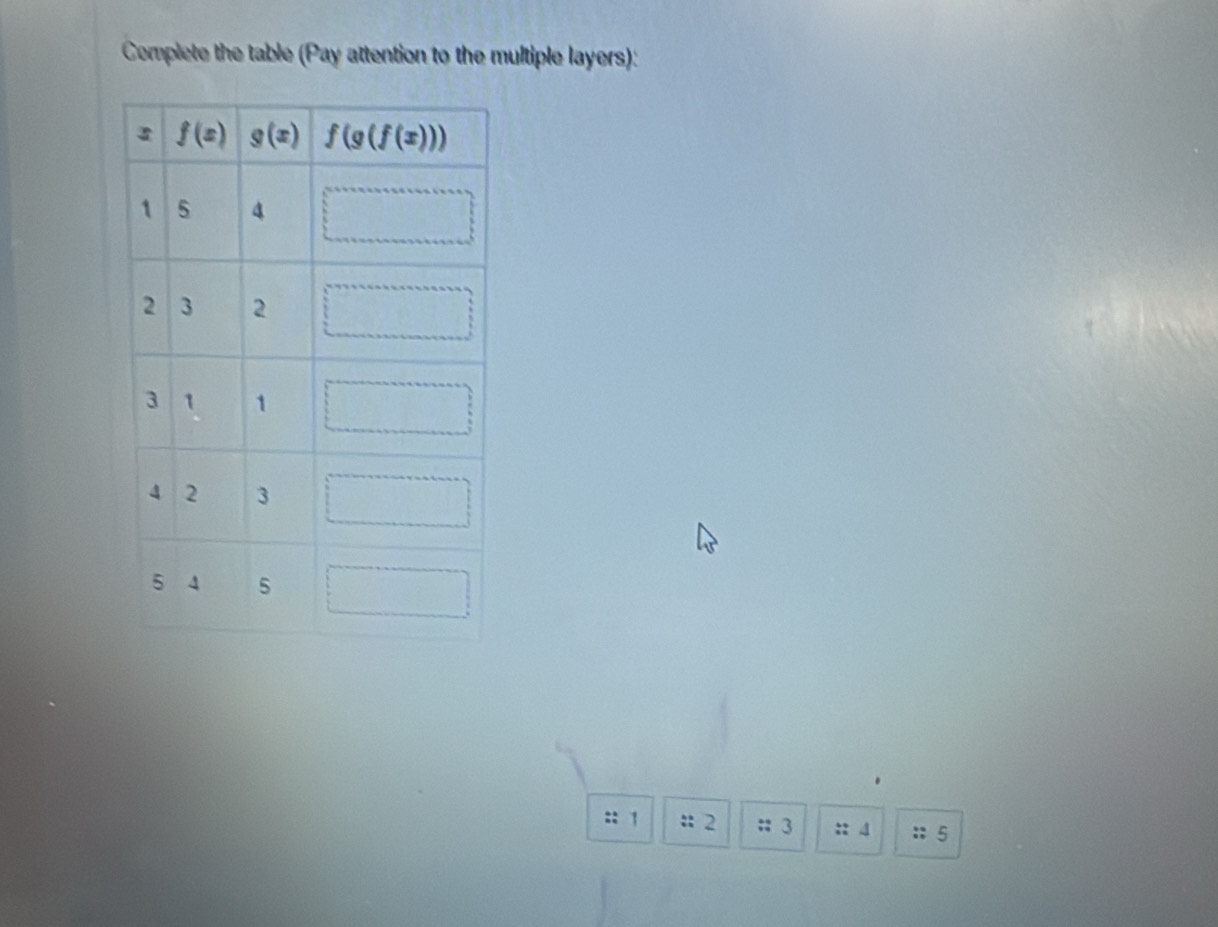 Complete the table (Pay attention to the multiple layers):
:: 1 :: 2 :: 3 :: 4 ::