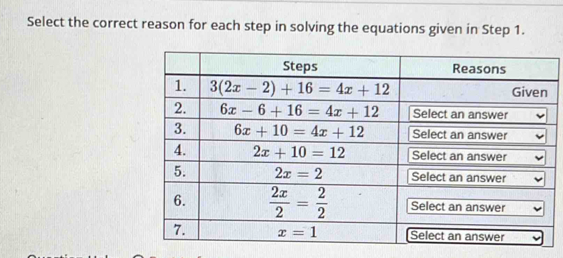 Select the correct reason for each step in solving the equations given in Step 1.