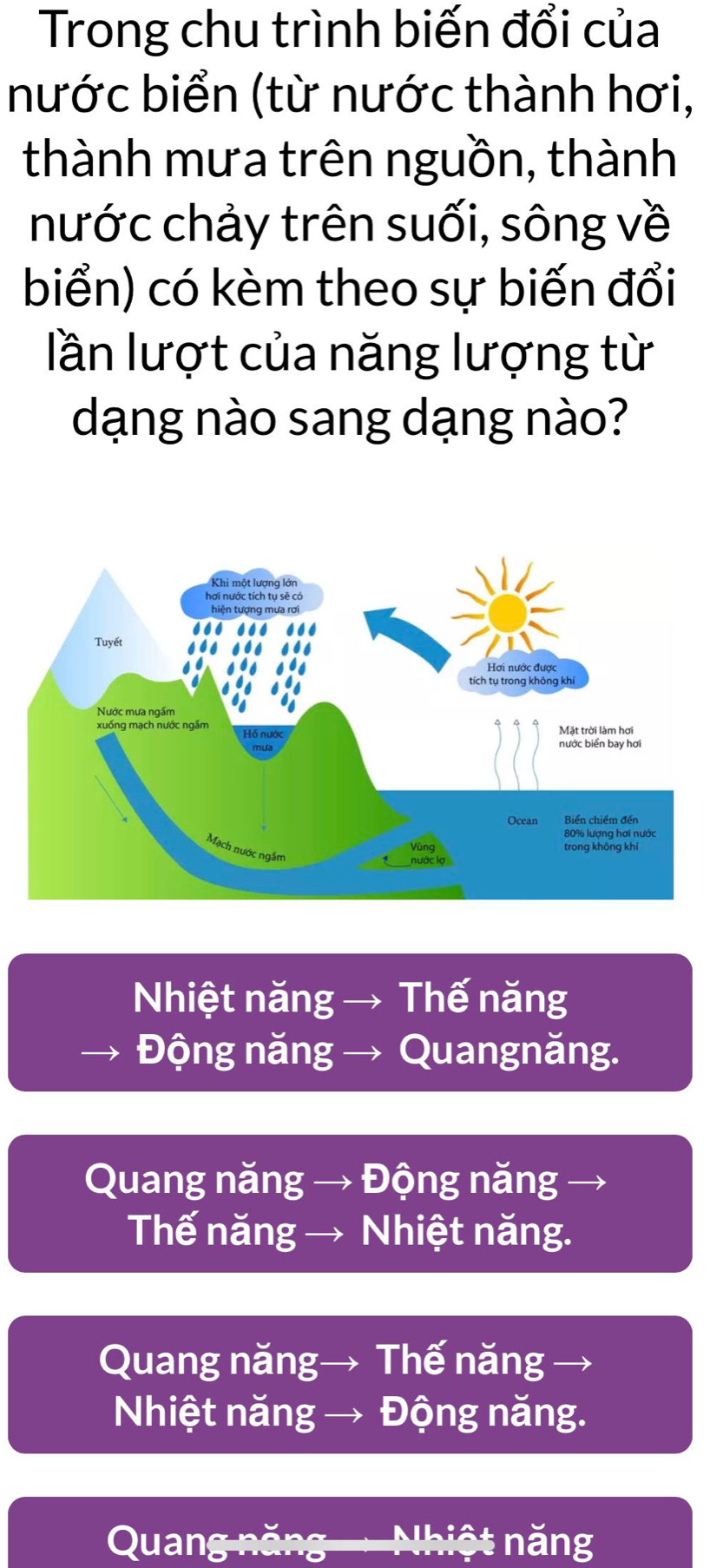 Trong chu trình biến đổi của
nước biển (từ nước thành hơi,
thành mưa trên nguồn, thành
nước chảy trên suối, sông về
biển) có kèm theo sự biến đổi
lần lượt của năng lượng từ
dạng nào sang dạng nào?
Nhiệt năng → Thế năng
Động năng → Quangnăng.
Quang năng → Động năng
Thế năng → Nhiệt năng.
Quang năng→ Thế năng →
Nhiệt năng → Động năng.
Quang năng Nhiệt năng