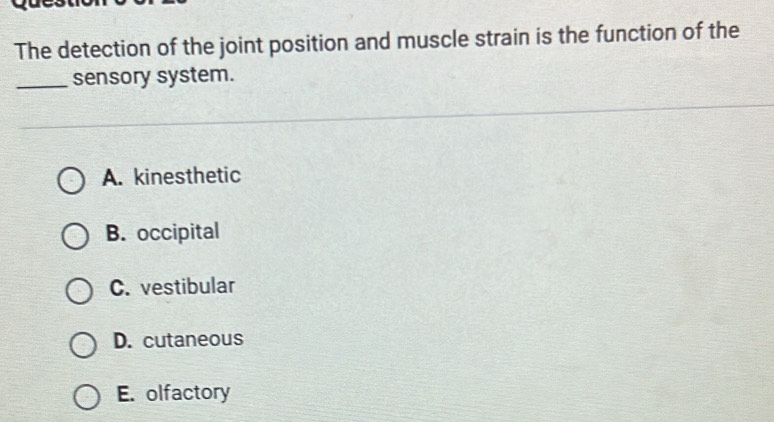 The detection of the joint position and muscle strain is the function of the
_sensory system.
A. kinesthetic
B. occipital
C. vestibular
D. cutaneous
E. olfactory