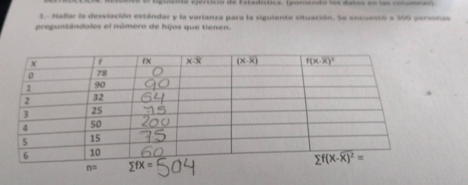 st e i v e  el siguiente ejercició de Estadística. (poniendo los datos en las columnas).
2.- Nallar la desviación estándar y la varianza para la siguiente situación. Se encuestó a 300 personas
preguntándoles el número de hijos que tienen.
n=