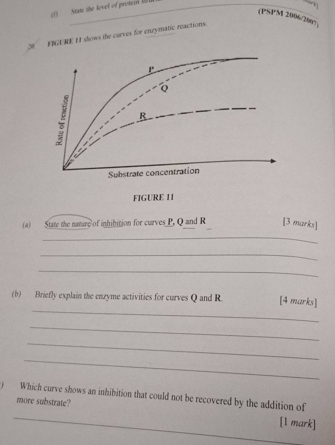 State the level of protein si 
arkl 
(PSPM 2006/2007) 
0 FIGURE 11 shows the curves for enzymatic reactions. 
(a) State the nature of inhibition for curves P, Q and R [3 marks] 
_ 
_ 
_ 
(b) Briefly explain the enzyme activities for curves Q and R. 
_ 
[4 marks] 
_ 
_ 
_ 
) Which curve shows an inhibition that could not be recovered by the addition of 
_more substrate? [1 mark]