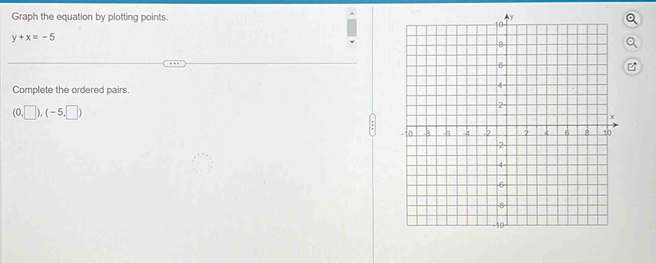 Graph the equation by plotting points.
y+x=-5
Complete the ordered pairs.
(0,□ ),(-5,□ )