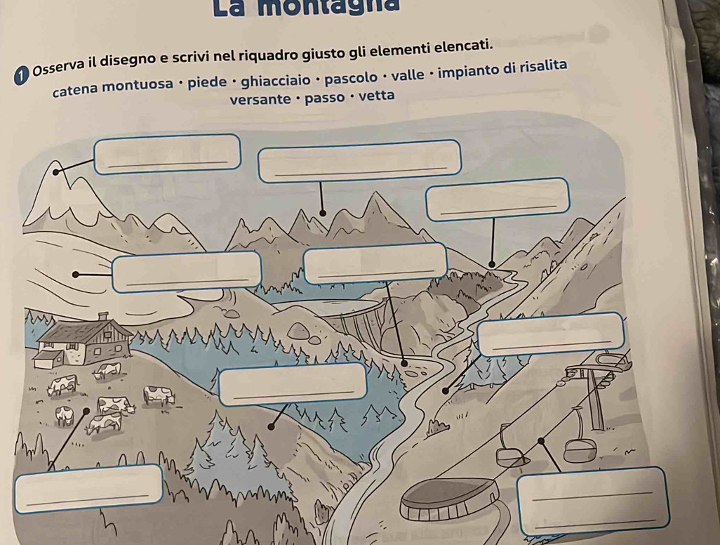 La montagna 
Osserva il disegno e scrivi nel riquadro giusto gli elementi elencati. 
catena montuosa · piede · ghiacciaio · pascolo · valle · impianto di risalita 
versante · passo · vetta 
_ 
_ 
_ 
_ 
_ 
_ 
_ 
_ 
_ 
a 
_ 
_