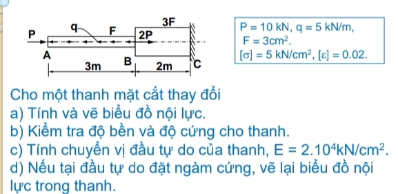 P=10kN, q=5kN/m,
F=3cm^2.
[sigma ]=5kN/cm^2, [varepsilon ]=0.02. 
Cho một thanh mặt cắt thay đổi 
a) Tính và vẽ biểu đồ nội lực. 
b) Kiểm tra độ bền và độ cứng cho thanh. 
c) Tính chuyển vị đầu tự do của thanh, E=2.10^4kN/cm^2. 
d) Nếu tại đầu tự do đặt ngàm cứng, vẽ lại biểu đồ nội 
lực trong thanh.