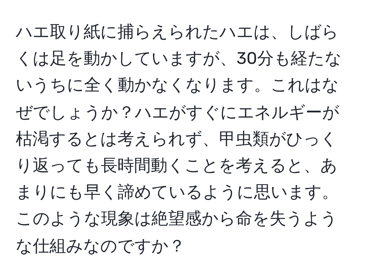 ハエ取り紙に捕らえられたハエは、しばらくは足を動かしていますが、30分も経たないうちに全く動かなくなります。これはなぜでしょうか？ハエがすぐにエネルギーが枯渇するとは考えられず、甲虫類がひっくり返っても長時間動くことを考えると、あまりにも早く諦めているように思います。このような現象は絶望感から命を失うような仕組みなのですか？