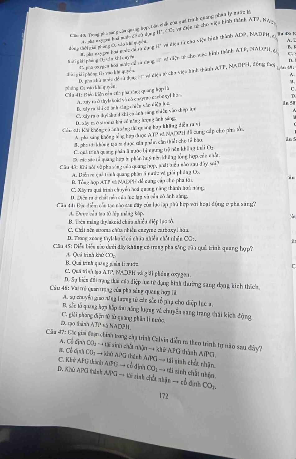 Trong pha sáng của quang hợp, bản chất của quá trình quang phân ly nước là
A. pha oxygen hoá nước để sử dụng H^+,CO_2 6 và điện tử cho việc hình thành ATP, NADP
đồng thời giải phóng O_2 vảo khí quyển. và điện tử cho việc hình thành ADP, NADPH, đề
âu 48: K
A. D
B, pha oxygen hoá nước để sử dụng H'
B. K
thời giải phóng Ox vào khí quyền. * và điện tử cho việc hình thành ATP, NADPH, đỗ
C. S
C. pha oxygen hoá nước đề sử dụng H
D.
thời giải phóng O, vào khí quyển.
D. pha khử nước đề sử dụng H' * và điện từ cho việc hình thành ATP, NADPH, đồng thời g ấu 49:
A.
phóng O₂ vào khí quyền.
C.
Câu 41: Điều kiện cần của pha sáng quang hợp là B.
A. xảy ra ở thylakoid và có enzyme cacboxyl hỏa.
âu 50
B. xảy ra khi có ảnh sáng chiếu vào diệp lục. D.
C. xảy ra ở thylakoid khi có ánh sáng chiều vào diệp lục
A
D. xảy ra ở stroma khi có năng lượng ánh sáng.
1
Câu 42: Khi không có ánh sáng thì quang hợp không diễn ra vì
A. pha sáng không tổng hợp được ATP và NADPH để cung cấp cho pha tối.
B. pha tổi không tạo ra được sản phẩm cần thiết cho tế bào.
âu 5
C. quá trình quang phân li nước bị ngưng trệ nên không thải O_2
D. các sắc tổ quang hợp bị phân huỷ nên không tổng hợp các chất.
Câu 43: Khi nói về pha sáng của quang hợp, phát biểu nào sau đây sai?
A. Diễn ra quả trình quang phân li nước và giải phóng O2.
B. Tổng hợp ATP và NADPH đề cung cấp cho pha tối. ;âu
C. Xảy ra quá trình chuyển hoá quang năng thành hoá năng.
D. Diễn ra ở chất nền của lục lạp và cần có ánh sáng.
Câu 44: Đặc điểm cấu tạo nào sau đây của lục lạp phù hợp với hoạt động ở pha sáng?
A. Được cấu tạo từ lớp mảng kép.
lâu
B. Trên màng thylakoid chứa nhiều diệp lục tổ.
C. Chất nền stroma chứa nhiều enzyme carboxyl hóa.
D. Trong xoang thylakoid có chứa nhiều chất nhận CO_2.
ùa
Câu 45: Diễn biến nào dưới đây không có trong pha sáng của quá trình quang hợp?
A. Quá trình khử CO_2.
B. Quá trình quang phân li nước.
C
C. Quá trình tạo ATP, NADPH và giải phóng oxygen.
D. Sự biến đổi trạng thái của diệp lục từ dạng bình thường sang dạng kích thích.
Câu 46: Vai trò quan trọng của pha sáng quang hợp là
A. sự chuyển giao năng lượng từ các sắc tố phụ cho diệp lục a.
B. sắc tố quang hợp hắp thu năng lượng và chuyển sang trạng thái kích động
C. giải phóng điện tử từ quang phân li nước.
D. tạo thành ATP và NADPH.
Câu 47: Các giai đoạn chính trong chu trình Calvin diễn ra theo trình tự nào sau đây?
A. Cổ định CO_2 → tái sinh chất nhận → khử APG thành A/PG.
B. Cố định CO_2 → khử APG thành A/PG → tái sinh chất nhận.
C. Khử APG thành A/PG → cố định CO_2 → tái sinh chất nhận.
D. Khử APG thành A/PG → tái sinh chất nhận → cố định CO_2.
172