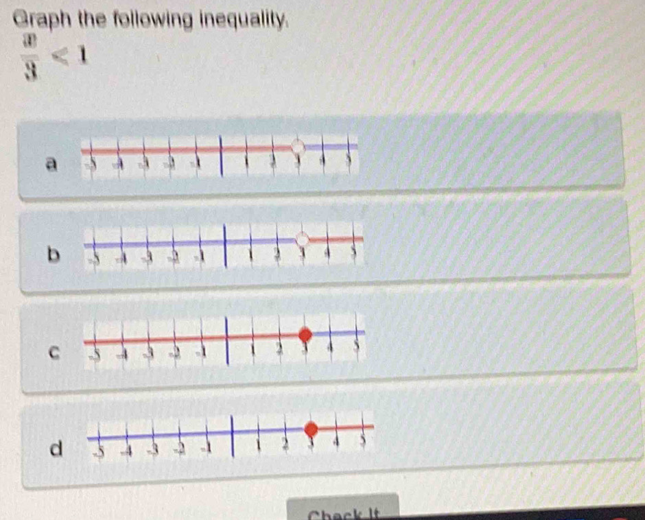 Graph the following inequality.
 x/3 <1</tex> 
Chack lt