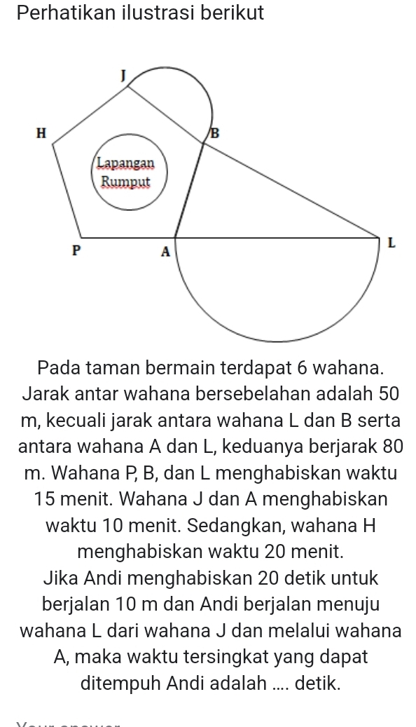 Perhatikan ilustrasi berikut 
Pada taman bermain terdapat 6 wahana. 
Jarak antar wahana bersebelahan adalah 50
m, kecuali jarak antara wahana L dan B serta 
antara wahana A dan L, keduanya berjarak 80
m. Wahana P, B, dan L menghabiskan waktu
15 menit. Wahana J dan A menghabiskan 
waktu 10 menit. Sedangkan, wahana H
menghabiskan waktu 20 menit. 
Jika Andi menghabiskan 20 detik untuk 
berjalan 10 m dan Andi berjalan menuju 
wahana L dari wahana J dan melalui wahana
A, maka waktu tersingkat yang dapat 
ditempuh Andi adalah .... detik.