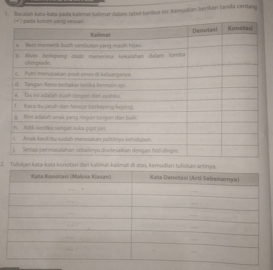 Bacalah kata-kata pada kalimat-kalimat dalam tabel berikut ini. Kemudian berikan tanda centang 
2. Tuliskan kata-kata konotasi dari kalimat-kalimat di atas, kemudian tul