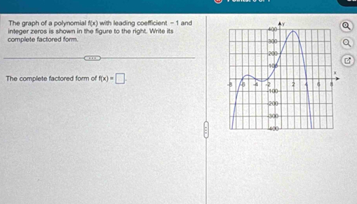The graph of a polvnomial f(x) with leading coefficient - 1 and 
integer zeros is shown in the figure to the right. Write its 
complete factored form. 
The complete factored form of f(x)=□.