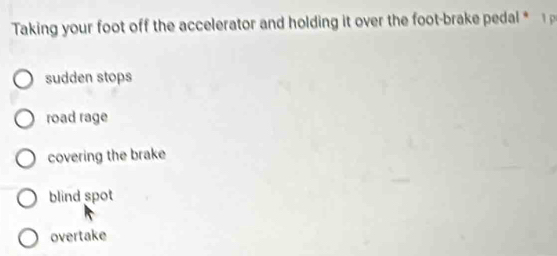 Taking your foot off the accelerator and holding it over the foot-brake peda *
sudden stops
road rage
covering the brake
blind spot
overtake