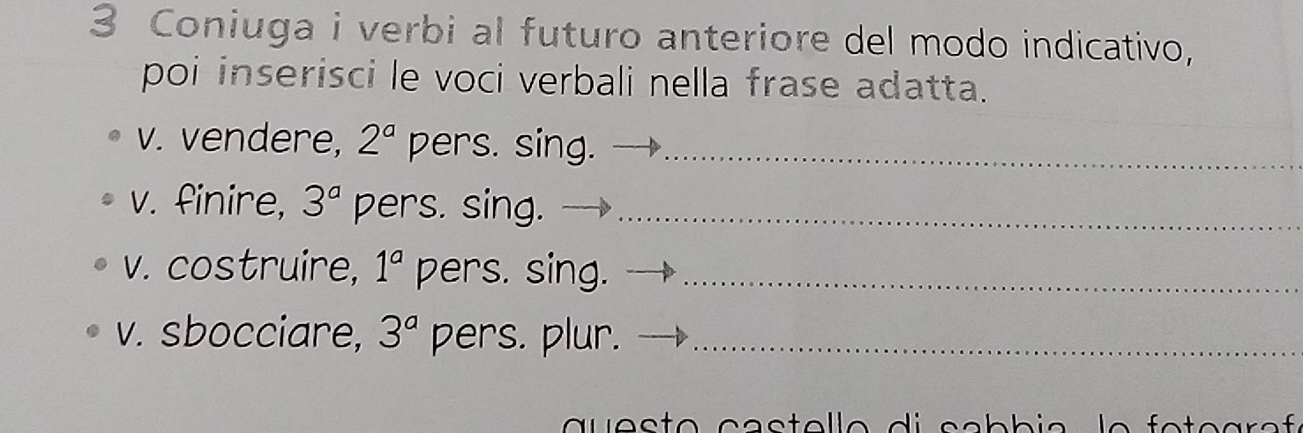 Coniuga i verbi al futuro anteriore del modo indicativo, 
poi inserisci le voci verbali nella frase adatta. 
v. vendere, 2^a pers. sing._ 
v. finire, 3^a pers. sing._ 
v. costruire, 1^a pers. sing._ 
v. sbocciare, 3^a pers. plur._