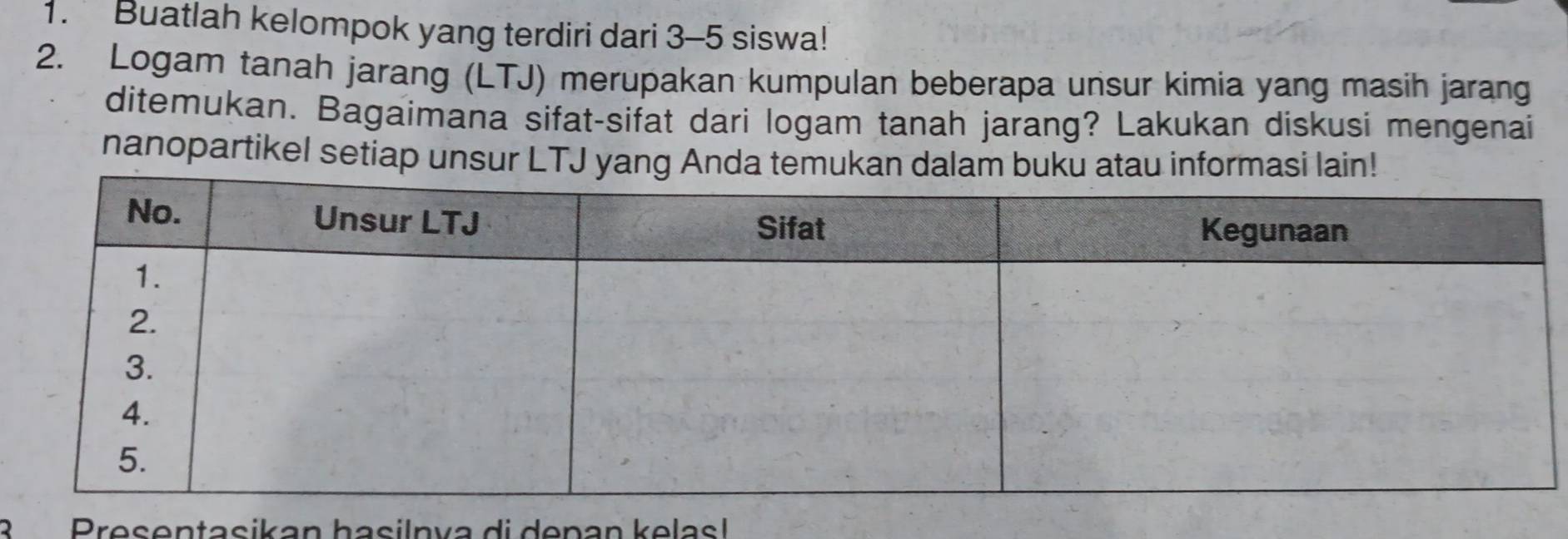 Buatlah kelompok yang terdiri dari 3-5 siswa! 
2. Logam tanah jarang (LTJ) merupakan kumpulan beberapa unsur kimia yang masih jarang 
ditemukan. Bagaimana sifat-sifat dari logam tanah jarang? Lakukan diskusi mengenai 
nanopartikel setiap unsur LTJ yang Anda temukan dalam buku atau informasi lain! 
R Presentasikan hasilnva di denan kelasl