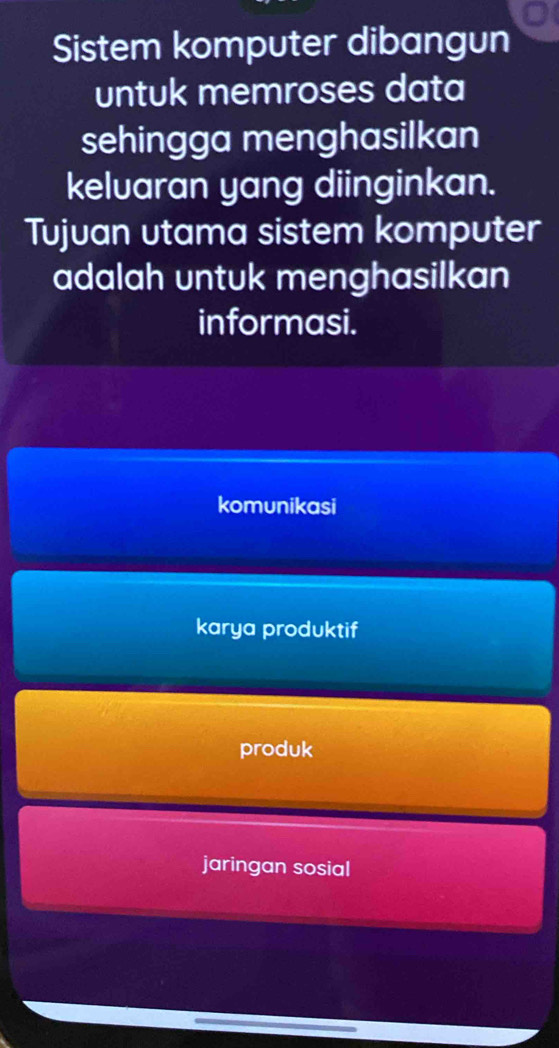 Sistem komputer dibangun
untuk memroses data
sehingga menghasilkan
kelvaran yang diinginkan.
Tujuan utama sistem komputer
adalah untuk menghasilkan
informasi.
komunikasi
karya produktif
produk
jaringan sosial