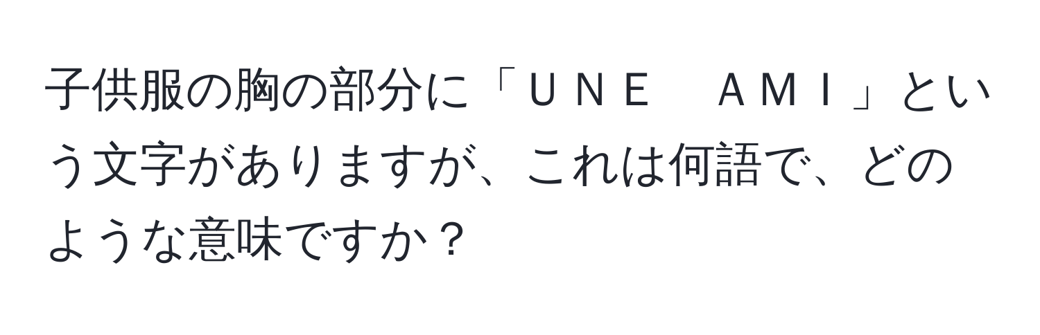 子供服の胸の部分に「ＵＮＥ　ＡＭＩ」という文字がありますが、これは何語で、どのような意味ですか？