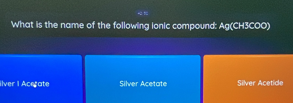 What is the name of the following ionic compound: Ag(CH3COO)
ilver I Acetate Silver Acetate Silver Acetide