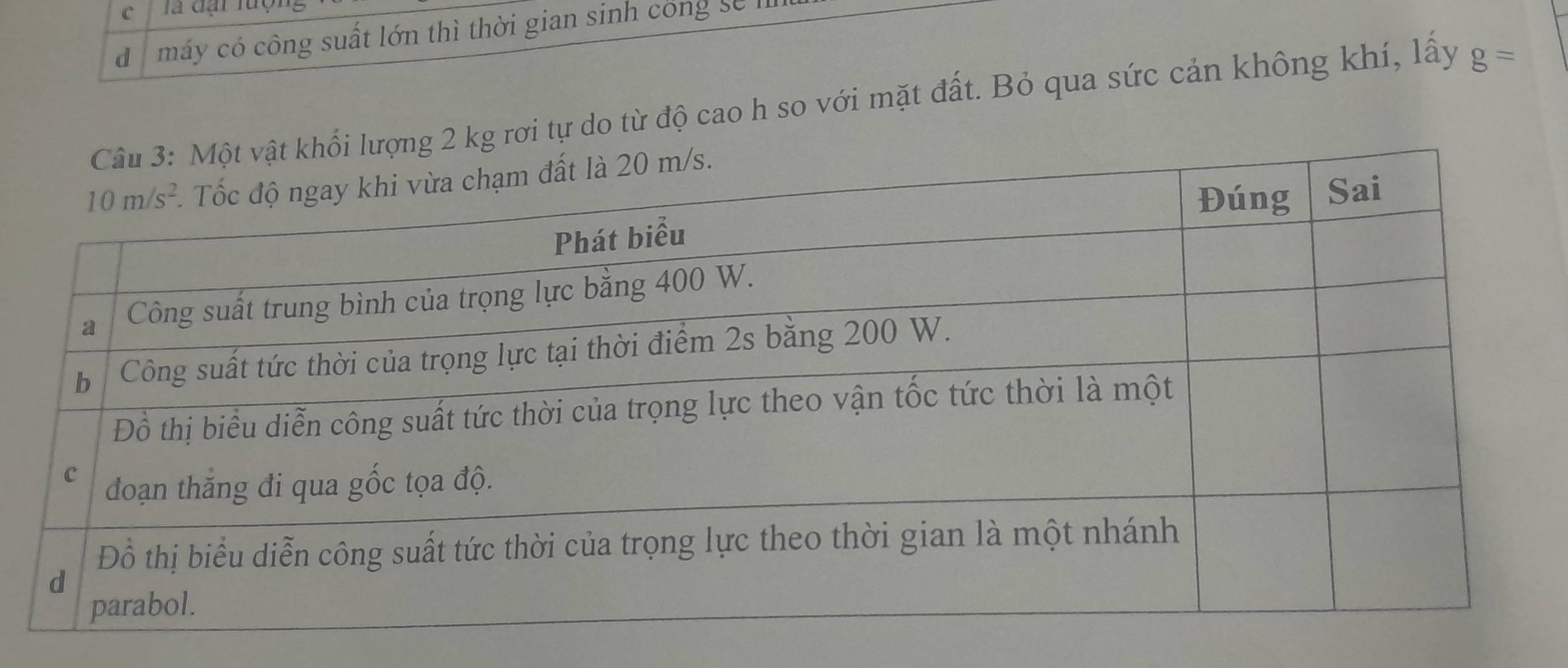 là đại luợn,
d máy có công suất lớn thì thời gian sinh cong số
rơi tự do từ độ cao h so với mặt đất. Bỏ qua sức cản không khí, lấy g=