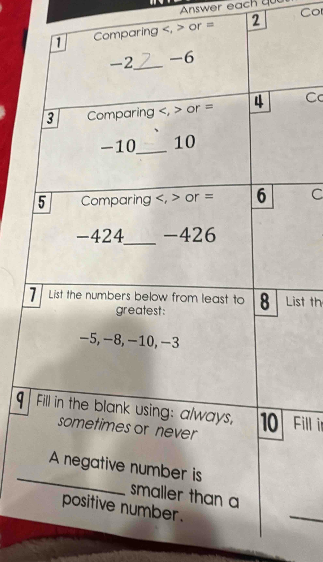 Answer each qu
or = 2 
Cor 
Cc 
C 
List th 
qFill ir 
_