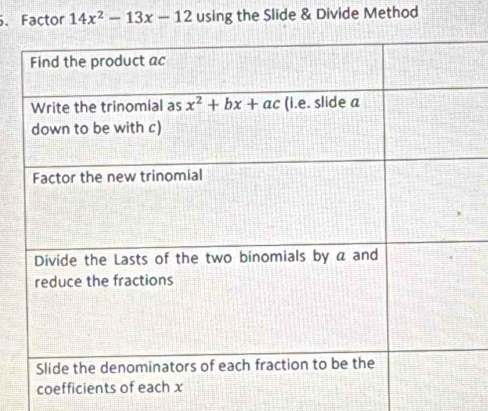 Factor 14x^2-13x-12 using the Slide & Divide Method